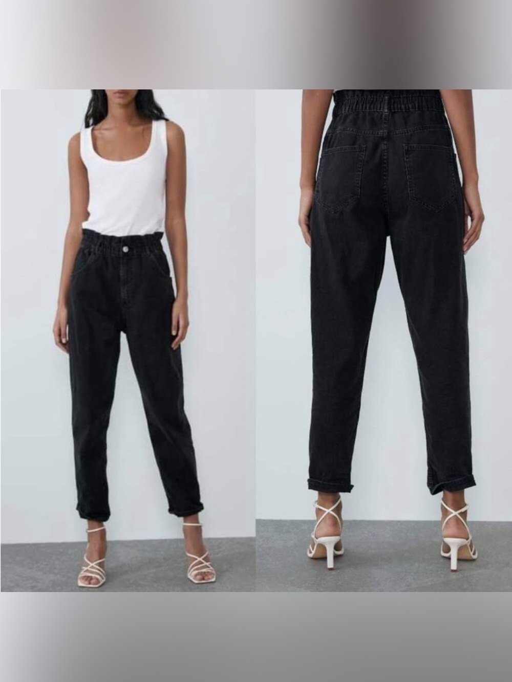 ZARA Black Paper Bag Stretch Waist Denim Jeans Size Large